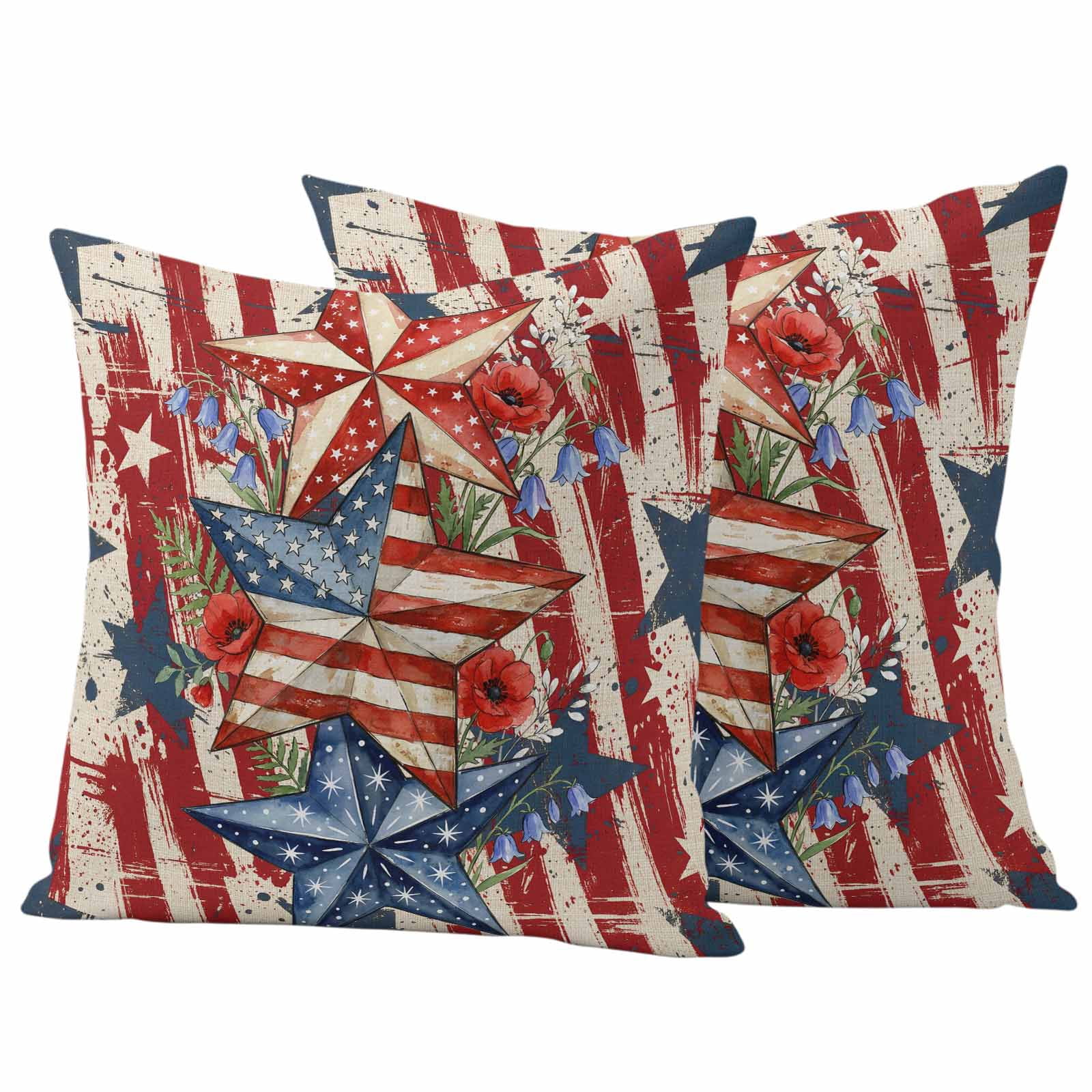 Outdoor Pillow Covers Waterproof, Patriotic USA Flag Decorative Square Throw Pillowcases Patio Cushion Covers for Tent/Garden, 20" x 20" 2 Pack, Texas Star Botanical Leaves Red Striped