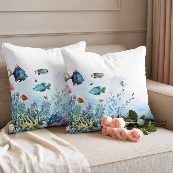 Outdoor Pillow Covers Waterproof Pillow Cases Protector Cartoon Fish Coral Summer Ocean Pillowcase Pack of 2 Nautical Watercolor Leaf Throw Cushion Case for Pation Furniture,Couch,Sofa,18X18IN