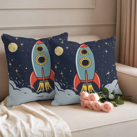 Outdoor Pillow Covers Waterproof Pillow Cases Protector Cartoon Space Rocket Launch Stars and Moon Pillowcase Pack of 2 Outer Planet Throw Cushion Case for Pation Furniture,Couch,Sofa,18X18IN