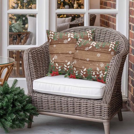 Outdoor Pillow Covers Waterproof Pillow Cases Protector Christmas Flower Leaf Pine Cones Pillowcase Pack of 2 Winter Snowflake Wood Board Throw Cushion Case for Pation Furniture,Couch,Sofa, 16x16 in