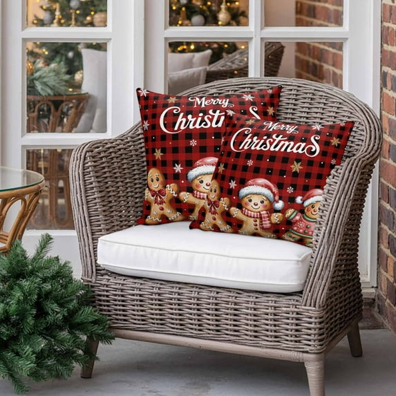 Outdoor Pillow Covers Waterproof Pillow Cases Protector Christmas Ginger Bread Man Snowflakes Pillowcase Pack of 2 Red Buffalo Plaid Throw Cushion Case for Pation Furniture,Couch,Sofa, 16x16 in