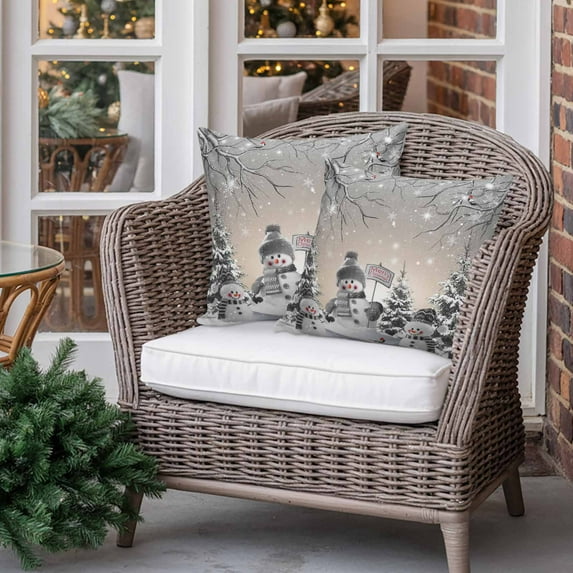 Outdoor Pillow Covers Waterproof Pillow Cases Protector Christmas Gray Snowmen Pillowcase Pack of 2 Winter Snowflakes Xmas Tree Throw Cushion Case for Pation Furniture,Couch,Sofa, 18x18 in