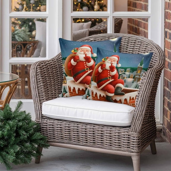 Outdoor Pillow Covers Waterproof Pillow Cases Protector Christmas Santa Claus Pillowcase Pack of 2 Winter Nightscape Chimney Throw Cushion Case for Pation Furniture,Couch,Living Room Sofa, 18x18 in