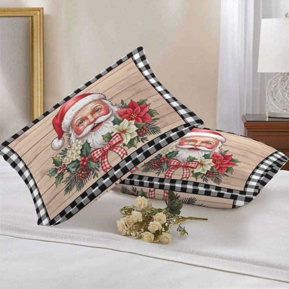 Outdoor Pillow Covers Waterproof Pillow Cases Protector Christmas Santa Claus Poinsettias on Wooden Pillowcase Pack of 2 Black Plaid Throw Cushion Case for Pation Furniture,Couch,Sofa, 20x12 in