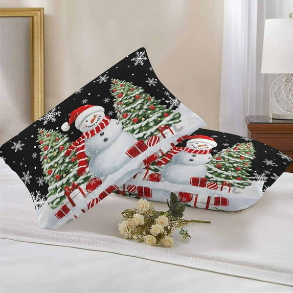 Outdoor Pillow Covers Waterproof Pillow Cases Protector Christmas Snowman Xmas Tree Pillowcase Pack of 2 White Snowflake Black Back Throw Cushion Case for Pation Furniture,Couch,Sofa, 20x12 in