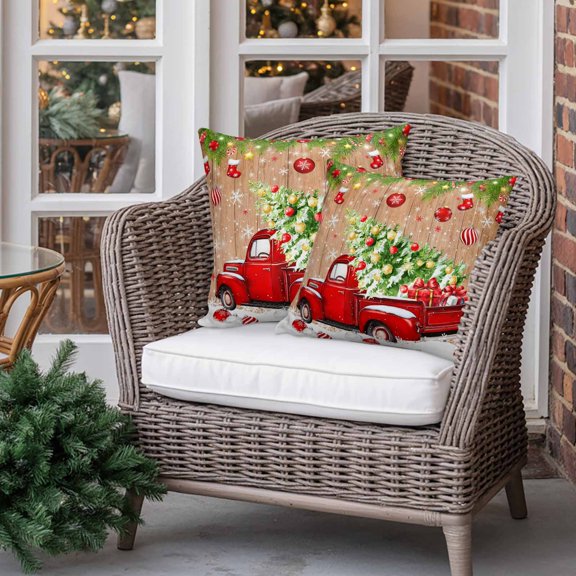 Outdoor Pillow Covers Waterproof Pillow Cases Protector Christmas Trucks Pine Tree Snow Pillowcase Pack of 2 Xmas Ball Socks Retro Plank Throw Cushion Case for Pation Furniture,Couch,Sofa, 16x16 in
