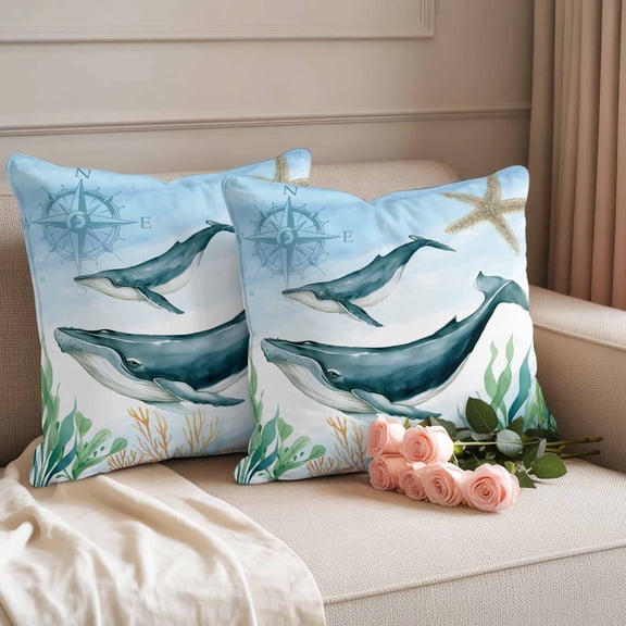 Outdoor Pillow Covers Waterproof Pillow Cases Protector Coastal Ocean Whale Fish Pillowcase Pack of 2 Sea Blue Marine Life Throw Cushion Case for Pation Furniture,Couch,Living Room Sofa,18X18IN