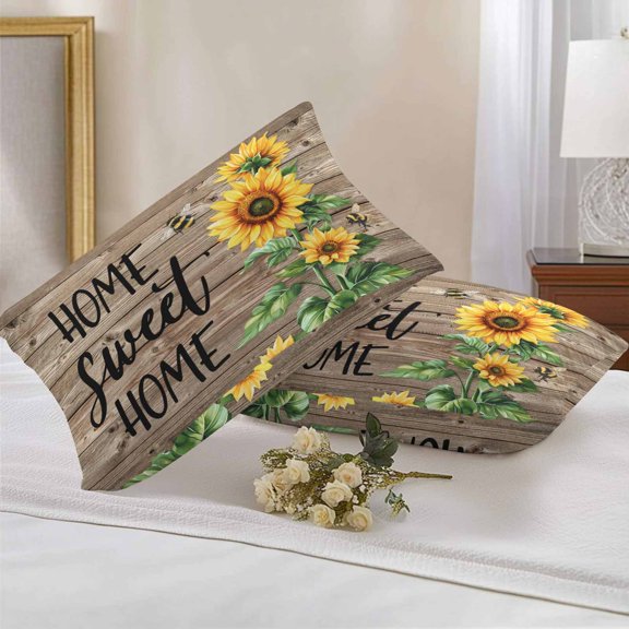 Outdoor Pillow Covers Waterproof Pillow Cases Protector Country Sunflower Bee Green Leaves Pillowcase Pack of 2 Farm Retro Wood Board Throw Cushion Case for Pation,Couch,Living Room Sofa,20X12IN