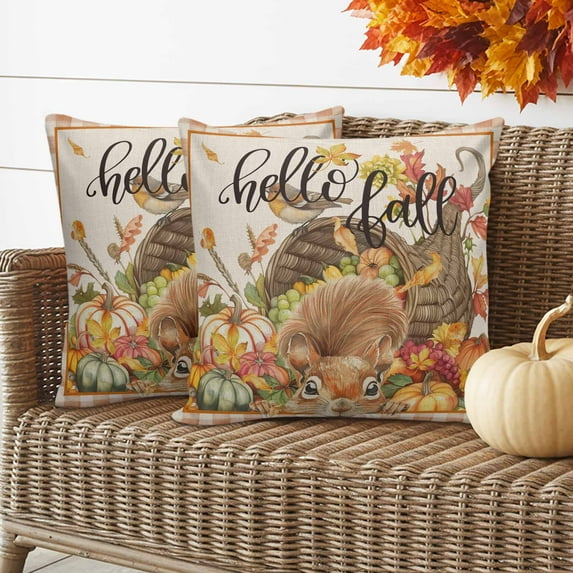 Outdoor Pillow Covers Waterproof Pillow Cases Protector Fall Pumpkin Fruit Cornucopia Cute Squirrel on Linen Pillowcase Pack of 2 Thanksgiving Throw Cushion Case for Pation,Couch,Sofa, 16x16 in