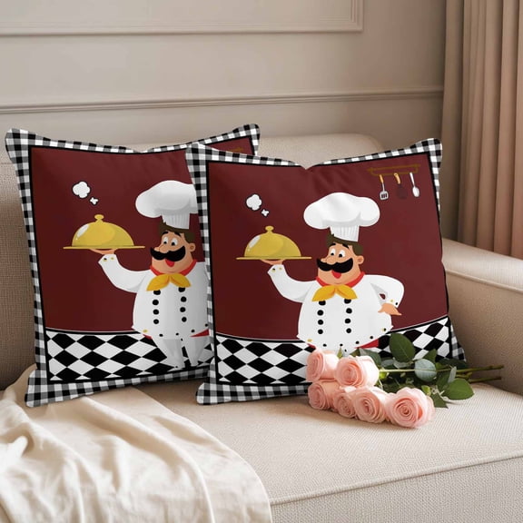 Outdoor Pillow Covers Waterproof Pillow Cases Protector Funny Chef Food Cutlery Pillowcase Pack of 2 Black White Plaid Dark Maroon Throw Cushion Case for Pation Furniture,Couch,Sofa,18X18IN