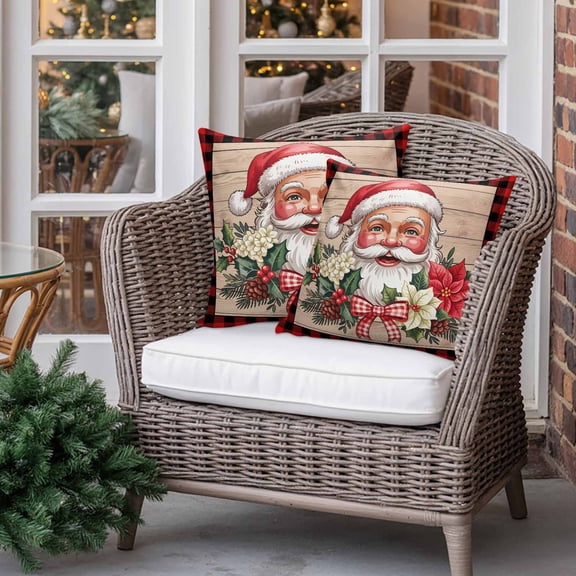 Outdoor Pillow Covers Waterproof Pillow Cases Protector Funny Santa Claus on Wood Pillowcase Pack of 2 Red Flowers Butterflies Throw Cushion Case for Pation Furniture,Couch,Living Room Sofa, 16x16 in