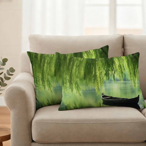 Outdoor Pillow Covers Waterproof Pillow Cases Protector Green Leaves Boat Lake Pillowcase Pack of 2 Zan Natural Scenery Throw Cushion Case for Pation Furniture,Couch,Living Room Sofa,20X12IN