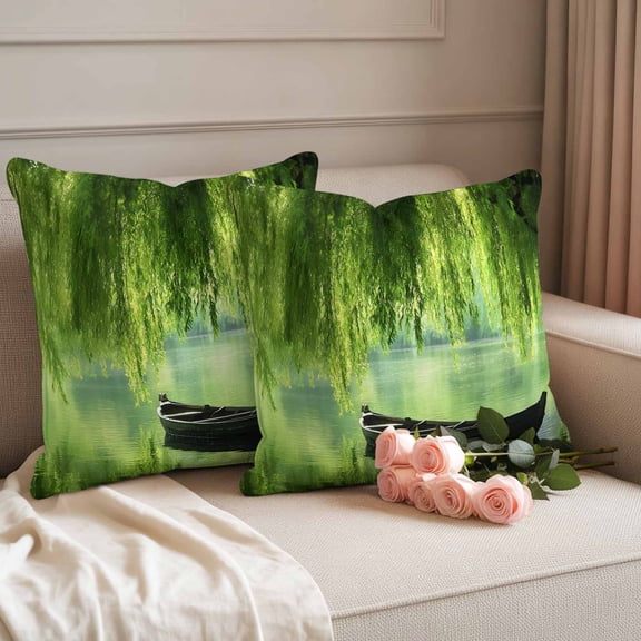 Outdoor Pillow Covers Waterproof Pillow Cases Protector Green Leaves Boat Lake Pillowcase Pack of 2 Zan Natural Scenery Throw Cushion Case for Pation Furniture,Couch,Living Room Sofa,16X16IN