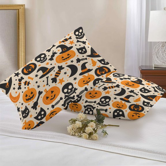 Outdoor Pillow Covers Waterproof Pillow Cases Protector Halloween Pumpkins Candy Pattern Pillowcase Pack of 2 Witch Hats on Retro Linen Throw Cushion Case for Pation,Couch,Living Room Sofa,20X12IN