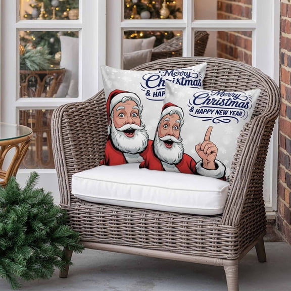 Outdoor Pillow Covers Waterproof Pillow Cases Protector Merry Christmas Happy New Year Pillowcase Pack of 2 Santa Claus Throw Cushion Case for Pation Furniture,Couch,Living Room Sofa, 18x18 in