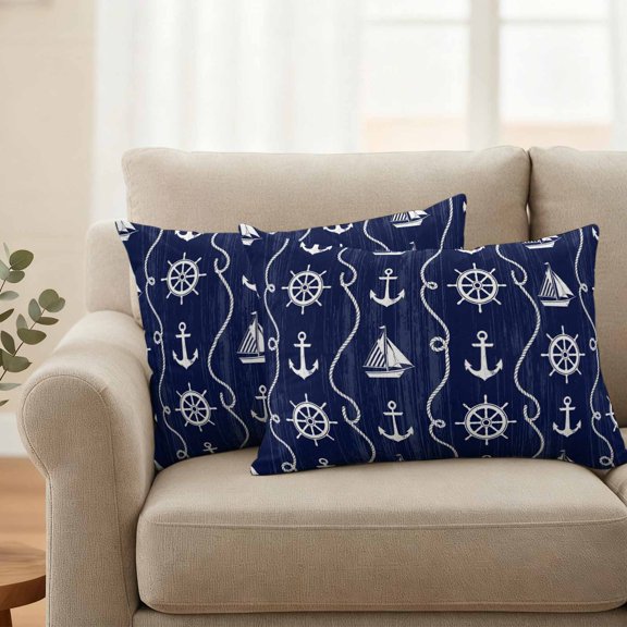 Outdoor Pillow Covers Waterproof Pillow Cases Protector Nautical Anchor Sailboat Pillowcase Pack of 2 Deep Navy Blue Background Throw Cushion Case for Pation Furniture,Couch,Living Room Sofa,20X12IN