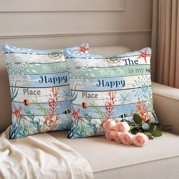 Outdoor Pillow Covers Waterproof Pillow Cases Protector Nautical Starfish Coral Fish on Stamp Wooden Pillowcase Pack of 2 Marine Creature Theme Throw Cushion Case for Pation ,Couch,Sofa,18X18IN
