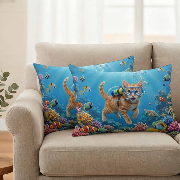 Outdoor Pillow Covers Waterproof Pillow Cases Protector Ocean Diving Cat Coral Fish Pillowcase Pack of 2 Funny Animal Art Marine Life Throw Cushion Case for Pation,Couch,Living Room Sofa,20X12IN