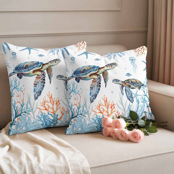 Outdoor Pillow Covers Waterproof Pillow Cases Protector Ocean Sea Turtle Blue Coral Pillowcase Pack of 2 Starfish Jellyfish Fish Throw Cushion Case for Pation Furniture,Couch,Living Room Sofa,18X18IN
