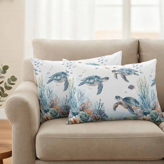 Outdoor Pillow Covers Waterproof Pillow Cases Protector Ocean Sea Turtle Fish Coral Seaweed Pillowcase Pack of 2 Watercolor Underwater World Throw Cushion Case for Pation Furniture,Couch,Sofa,20X12IN