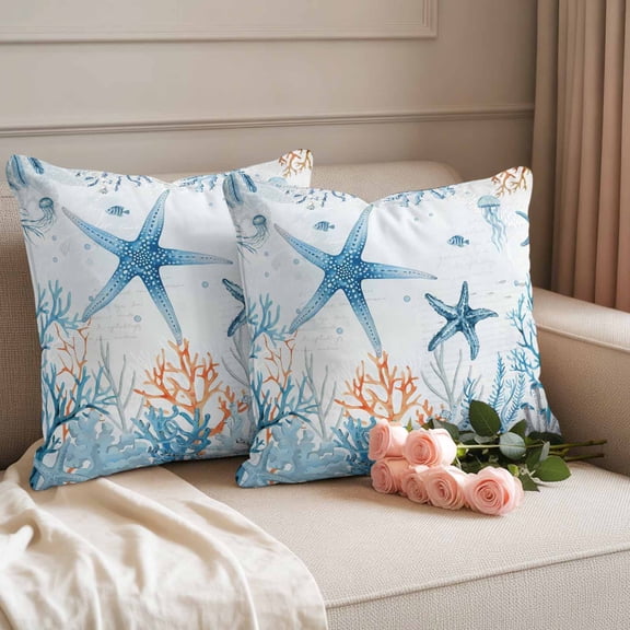 Outdoor Pillow Covers Waterproof Pillow Cases Protector Ocean Starfish Blue Coral Seaweed Pillowcase Pack of 2 Jellyfish Fish Marine Life Throw Cushion Case for Pation Furniture,Couch,Sofa,16X16IN
