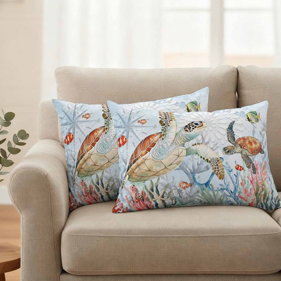 Outdoor Pillow Covers Waterproof Pillow Cases Protector Retro Turtle Summer Coastal Coral Pillowcase Pack of 2 Seaside Cartoon Fish Throw Cushion Case for Pation Furniture,Couch,Sofa,20X12IN