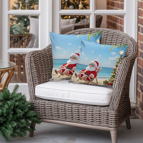 Outdoor Pillow Covers Waterproof Pillow Cases Protector Santa Claus on Chair Pillowcase Pack of 2 Sandy Beach Christmas Tree Throw Cushion Case for Pation Furniture,Couch,Living Room Sofa,16X16IN