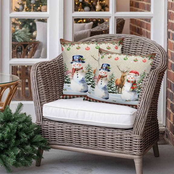 Outdoor Pillow Covers Waterproof Pillow Cases Protector Snowman Xmas Tree Ball Elk Buffalo Plaid Pillowcase Pack of 2 Winter Snow Retro Plank Throw Cushion Case for Pation Furniture,Couch,16x16 in