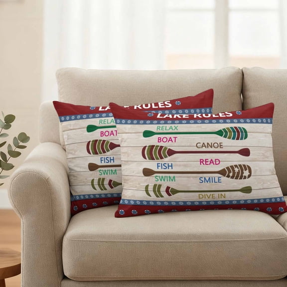 Outdoor Pillow Covers Waterproof Pillow Cases Protector Summer Lake Rules Paddle Pillowcase Pack of 2 Farm Wood Grain Red Maroon Throw Cushion Case for Pation Furniture,Couch,Living Room Sofa,20X12IN