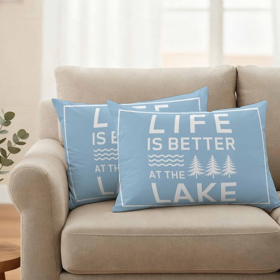 Outdoor Pillow Covers Waterproof Pillow Cases Protector Summer Life Lake Quote Pillowcase Pack of 2 White Stripe Blue Back Throw Cushion Case for Pation Furniture,Couch,Living Room Sofa,20X12IN