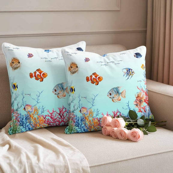 Outdoor Pillow Covers Waterproof Pillow Cases Protector Summer Ocean Fish Coral Pillowcase Pack of 2 Blue Sea Underwater World Throw Cushion Case for Pation Furniture,Couch,Living Room Sofa,18X18IN