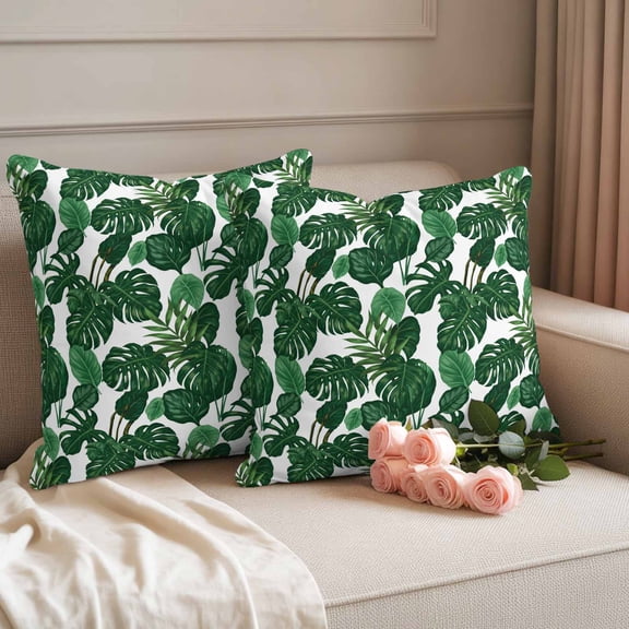Outdoor Pillow Covers Waterproof Pillow Cases Protector Tropical Plants Turtle Backwood Pillowcase Pack of 2 Watercolor Green Leaves Throw Cushion Case for Pation Furniture,Couch,Sofa,16X16IN