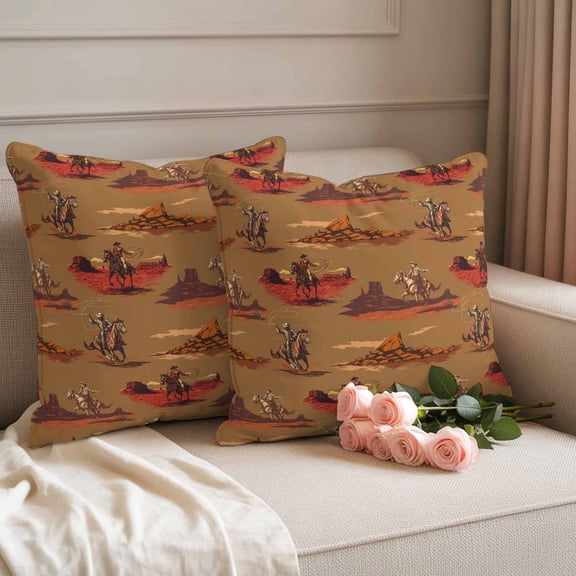 Outdoor Pillow Covers Waterproof Pillow Cases Protector Vintage Ethnic Cowboy Horse Pillowcase Pack of 2 Western Desert Theme Throw Cushion Case for Pation Furniture,Couch,Living Room Sofa,18X18IN