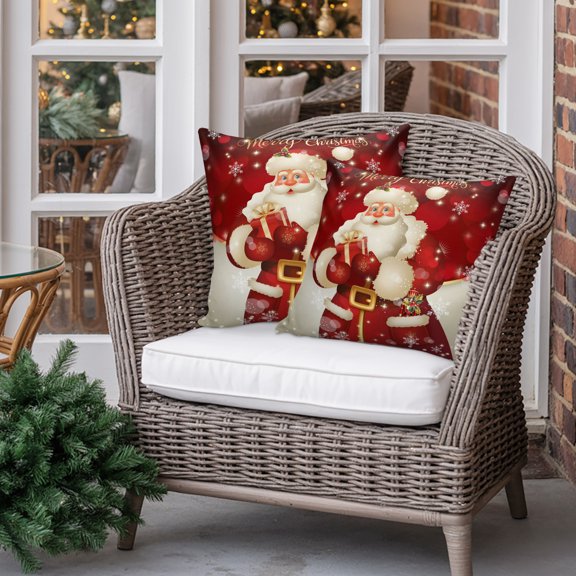 Outdoor Pillow Covers Waterproof Pillow Cases Protector Vintage Santa Claus Pillowcase Pack of 2 Golden Stars on Christmas Red White Throw Cushion Case for Couch,Living Room Sofa,16X16IN