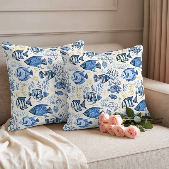 Outdoor Pillow Covers Waterproof Pillow Cases Protector Vintage Tropical Blue Sea Fish Coral Pillowcase Pack of 2 Watercolor Ocean Marine Life Throw Cushion Case for Pation ,Couch,Sofa,16X16IN
