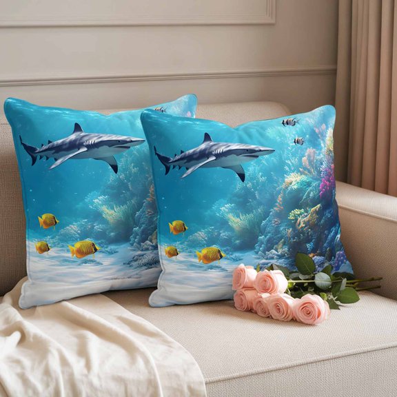 Outdoor Pillow Covers Waterproof Pillow Cases Protector Watercolor Ocean Shark Coral Fish Pillowcase Pack of 2 Underwater Animal Throw Cushion Case for Pation Furniture,Couch,Living Room Sofa,18X18IN