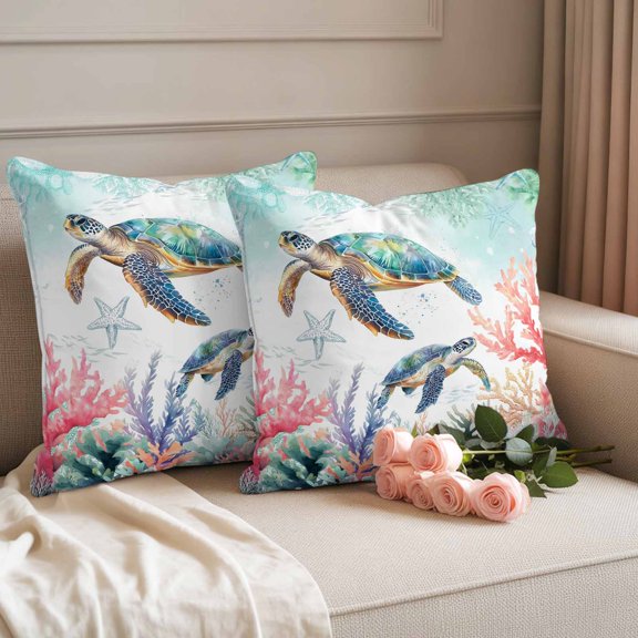 Outdoor Pillow Covers Waterproof Pillow Cases Protector Watercolor Sea Turtle Coral Fish Pillowcase Pack of 2 Ocean Sealife Green Red Throw Cushion Case for Pation Furniture,Couch,Sofa,18X18IN