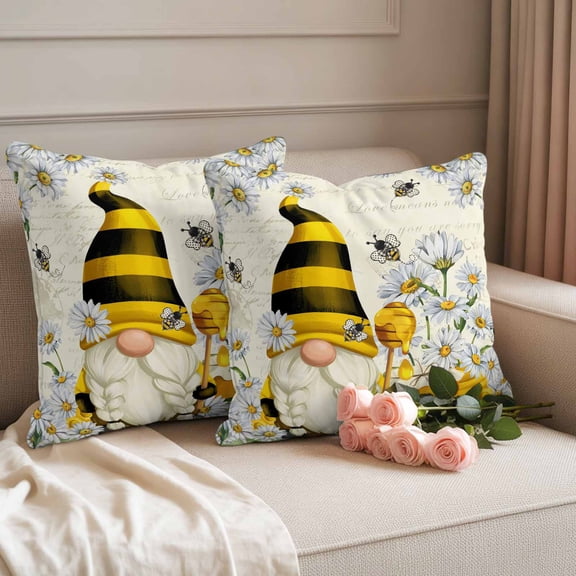Outdoor Pillow Covers Waterproof Pillow Cases Protector White Daisy Pastoral Gnome Bee Pillowcase Pack of 2 Summer Honey Hive Throw Cushion Case for Pation Furniture,Couch,Living Room Sofa,16X16IN