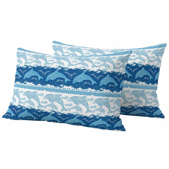 Outdoor Pillow Covers Waterproof, Summer Dolphin Decorative Rectangle Throw Pillowcases Patio Cushion Covers for Tent/Garden, 20" x 12" 2 Pack, Ocean Waves Coastal Blue Stripes
