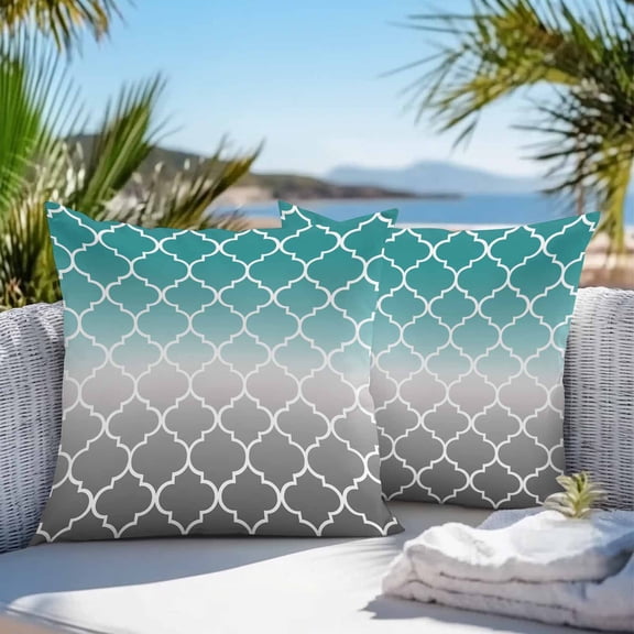 Outdoor Pillow Covers Waterproof, Teal Grey Ombre Morocco Pattern Throw Pillowcase Decorative Cover, Modern Moroccan Geometric Garden Cushion Case Set of 2 for Sofa, Couch, Tent, Patio 18"x18"