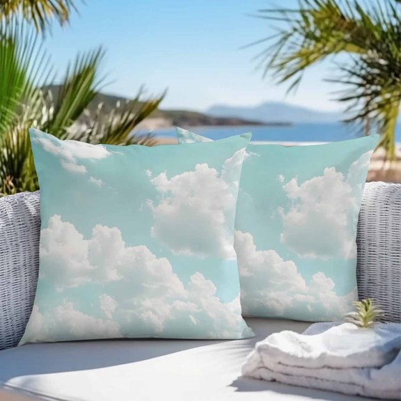 Outdoor Pillow Covers Waterproof, Turquoise Sky Throw Pillowcase Decorative Cover, Rustic Retro Clouds Landscape Garden Cushion Case Set of 2 for Sofa, Couch, Tent, Patio 16"x16"