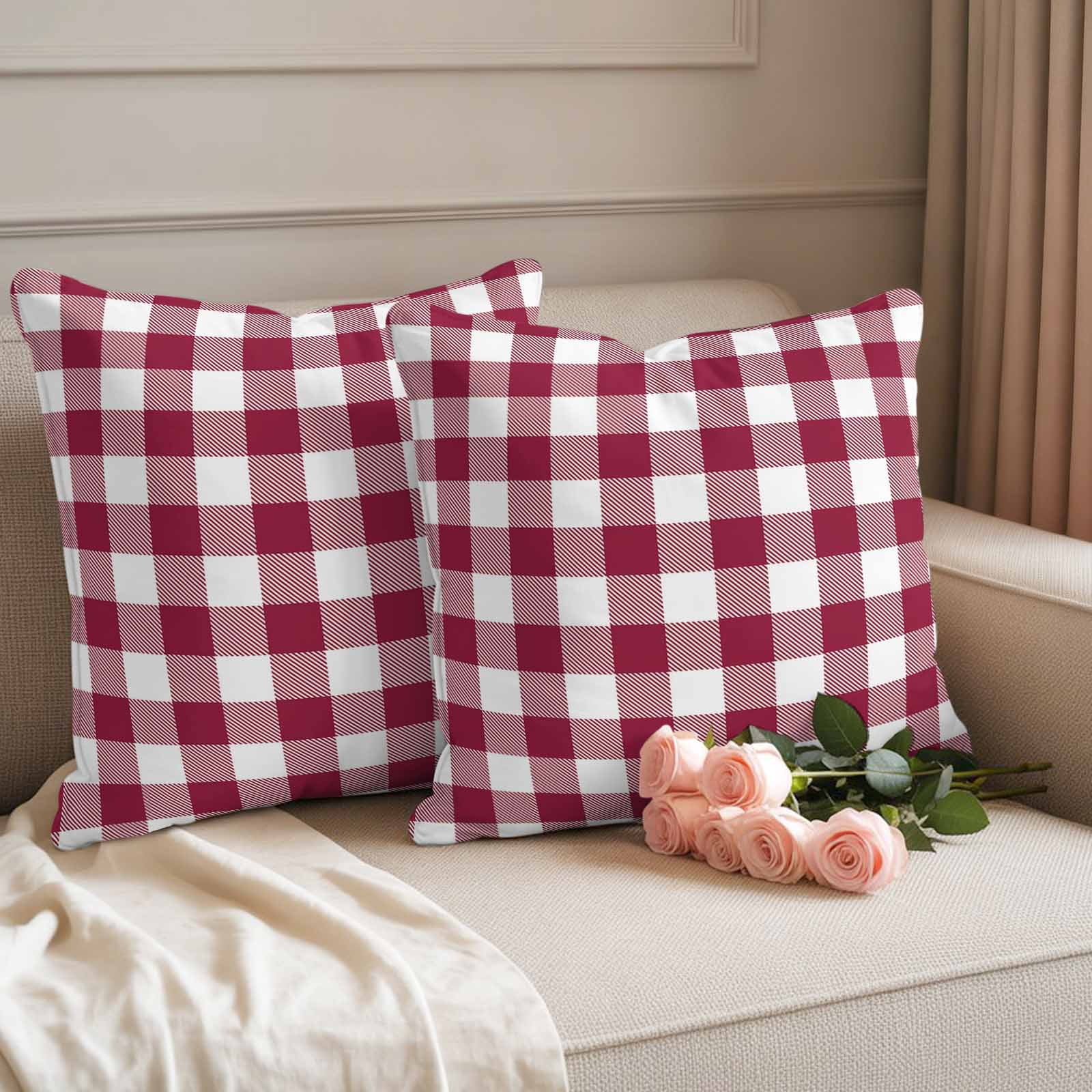 Outdoor Pillow Covers Wine Red and White Plaid Waterproof Pillow Cases 18x18 Set of 2, Modern Rustic Throw Pillow Cover Pillowcase for Patio Balcony Couch Garden