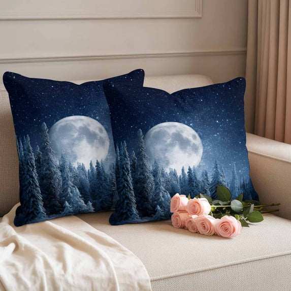 Outdoor Pillow Covers Winter Woods Landscapes Waterproof Pillow Cases 18x18 Set of 2, Abstract Moon Night View Throw Pillow Cover Pillowcase for Patio Balcony Couch Garden
