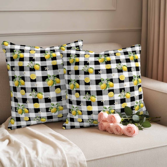 Outdoor Pillow Covers Yellow Lemon Flower Leaf Waterproof Pillow Cases 16x16 Set of 2, Summer Fruit Black White Plaid Throw Pillow Cover Pillowcase for Patio Balcony Couch Garden