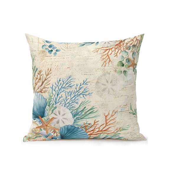 Outdoor Pillow Waterproof 1 Pack, Beige Beach Coastal Patio Throw Pillows for Couch Bed Sofa with Insert, Summer Nautical Coral Shell Botanical Decorative Travel/Reading/Camping Pillow Set 18x18 Inch