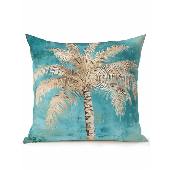 Outdoor Pillow Waterproof 1 Pack, Coastal Beach Tree Patio Throw Pillows for Couch Bed Sofa with Insert, Vintage Teal Brown Tropical Palm Tree Decorative Travel/Reading/Camping Pillow Set 16x16 Inch