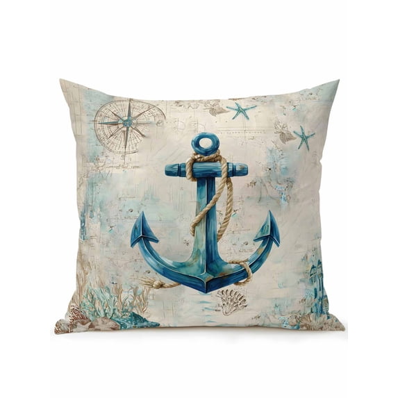 Outdoor Pillow Waterproof 1 Pack, Teal Anchors Coastal Patio Throw Pillows for Couch Bed Sofa with Insert, Vintage Summer Beach Nautical Decorative Travel/Reading/Camping Pillow Set 18x18 Inch