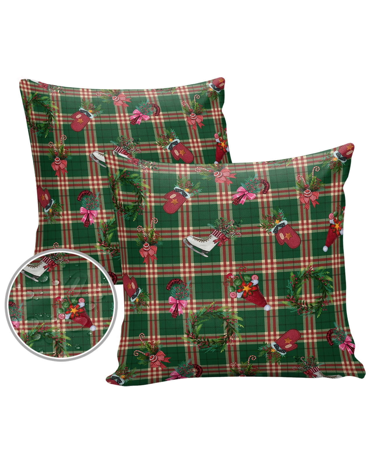 Outdoor Pillows Cover 16x16 Pack of 2 Christmas Theme Buffalo Plaid