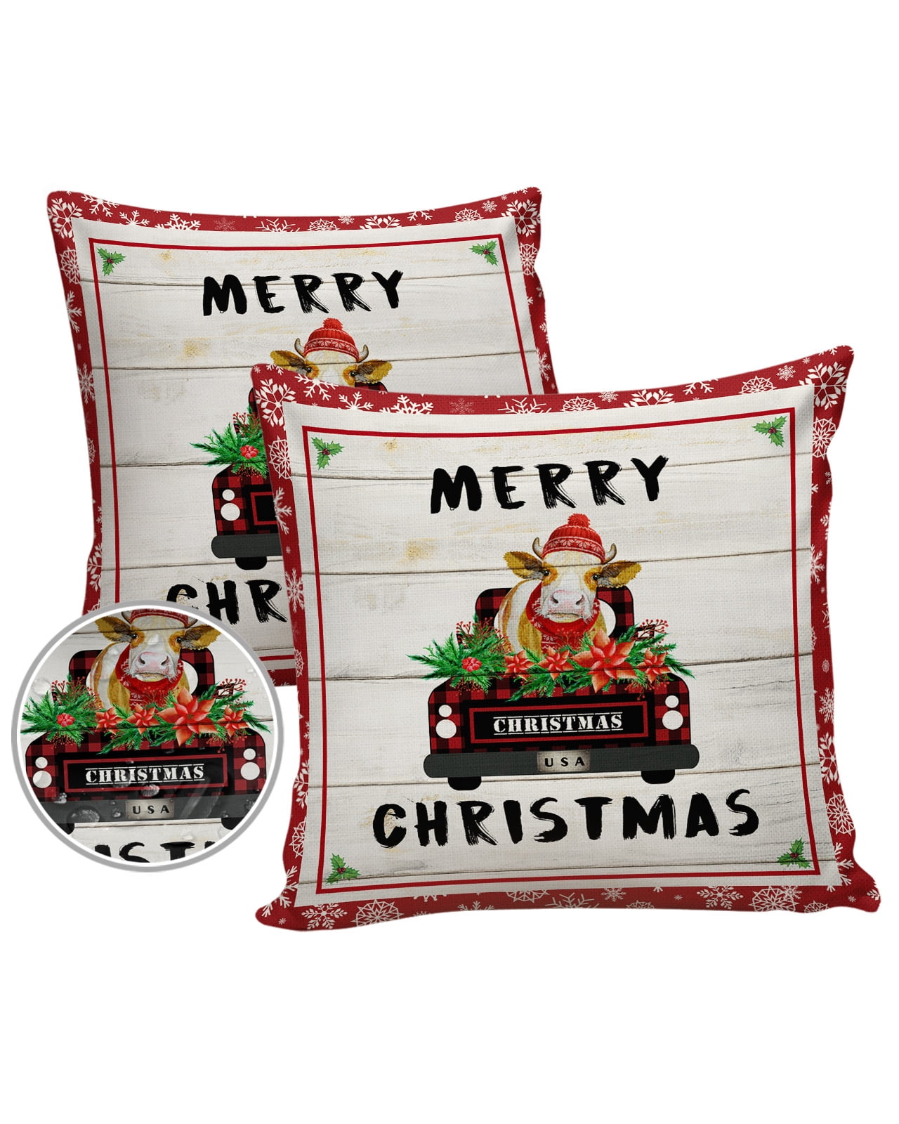 Outdoor Pillows Cover 20x20 Pack of 2 Merry Christmas Cow Truck