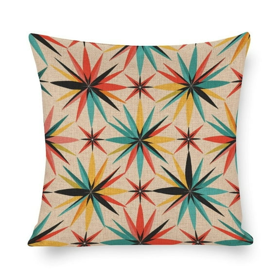 Outdoor Pillows Mid Century Starbursts on Colorful Retro Diamonds Pillow Case 16"x16" Simple Geometric Linen Cushion Case Outdoor Home Decoration for Couch Bed Home Decor